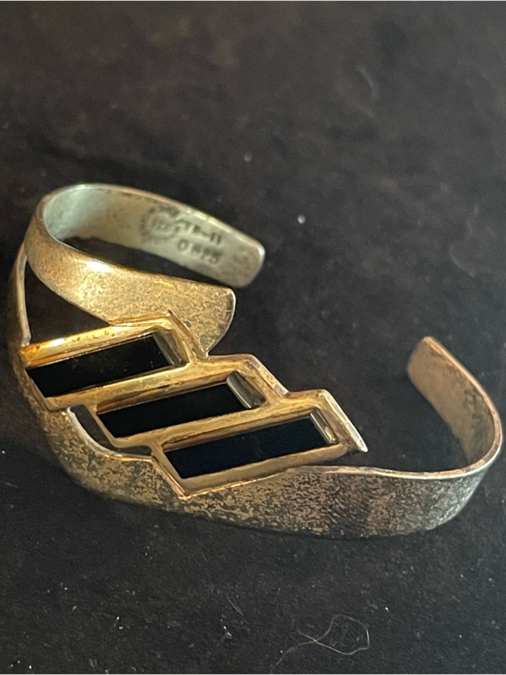 Vintage Signed Sterling Silver 925 And Black Onyx Cuff Bracelet. 6.5 Inches